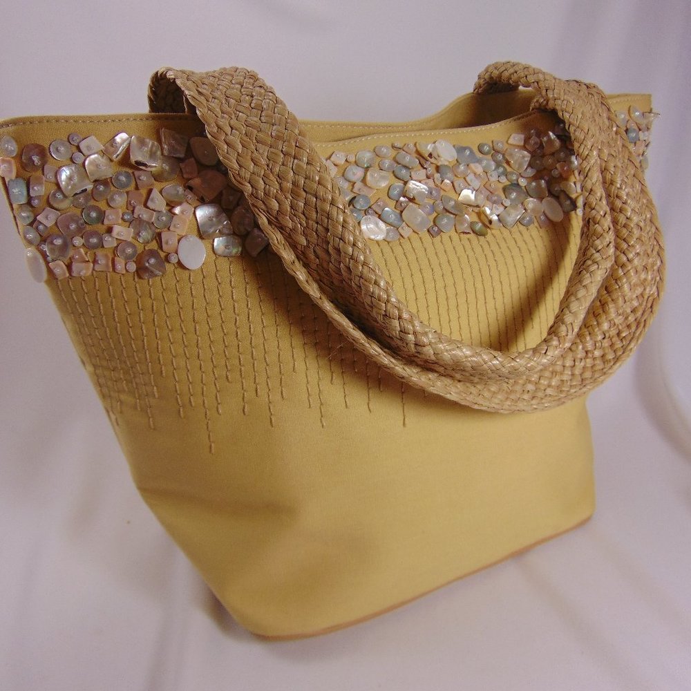 Nine West Yellow Shoulder Bag with Abalone Shells with Woven Handles